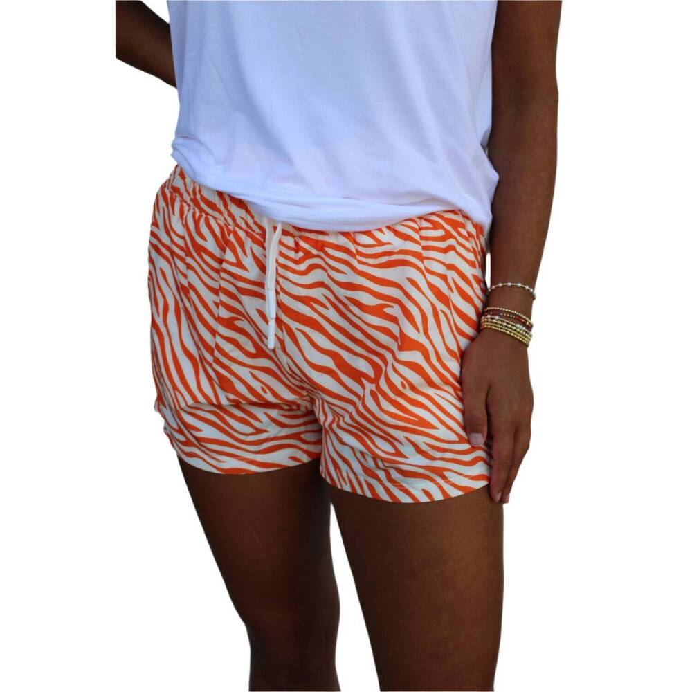 NEW MERIPEX APPAREL crazy for tigers high waistband gameday shorts in orange/whi